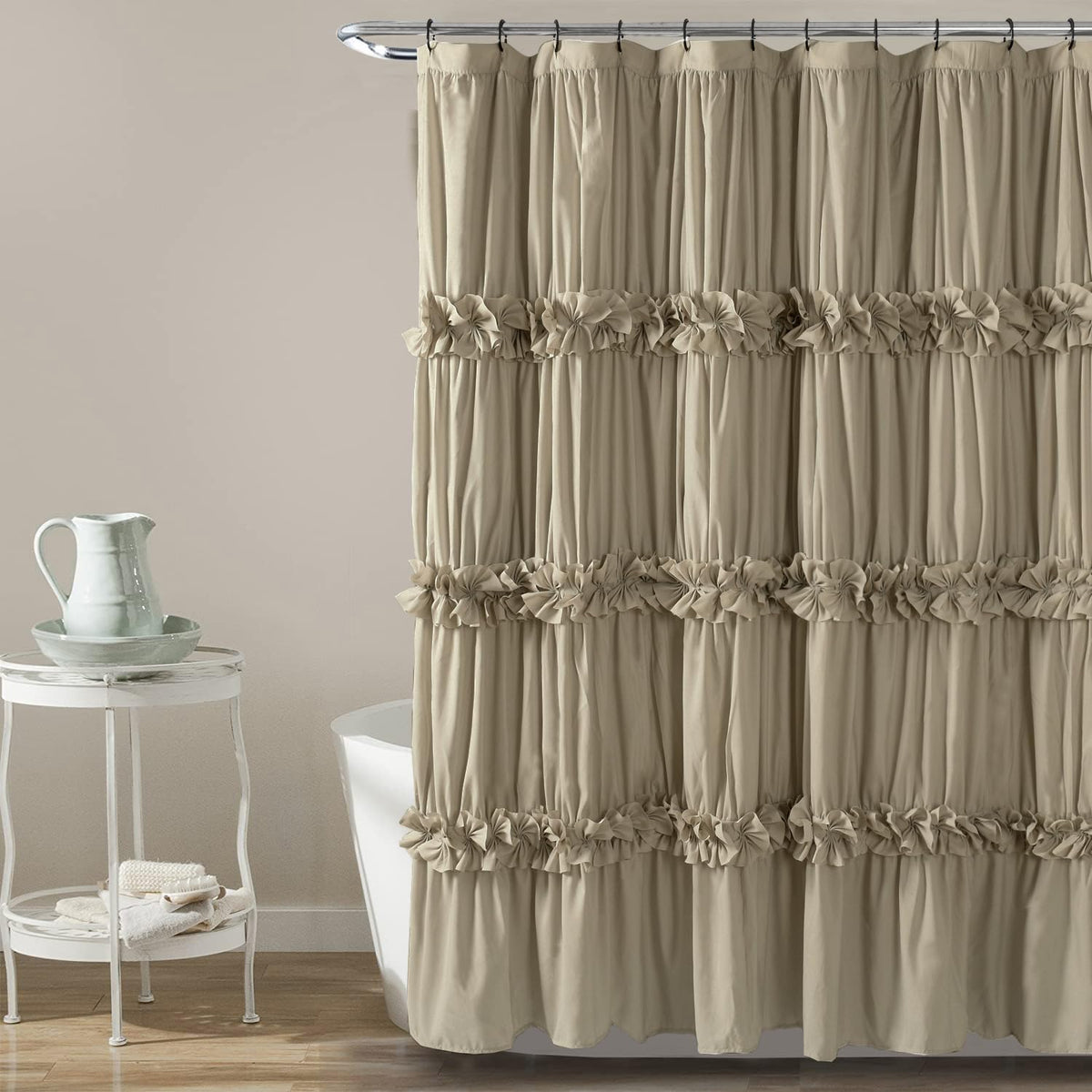 Homechoice Decor Victorian White Ruffle Shower Curtain with 12 Buttonholes