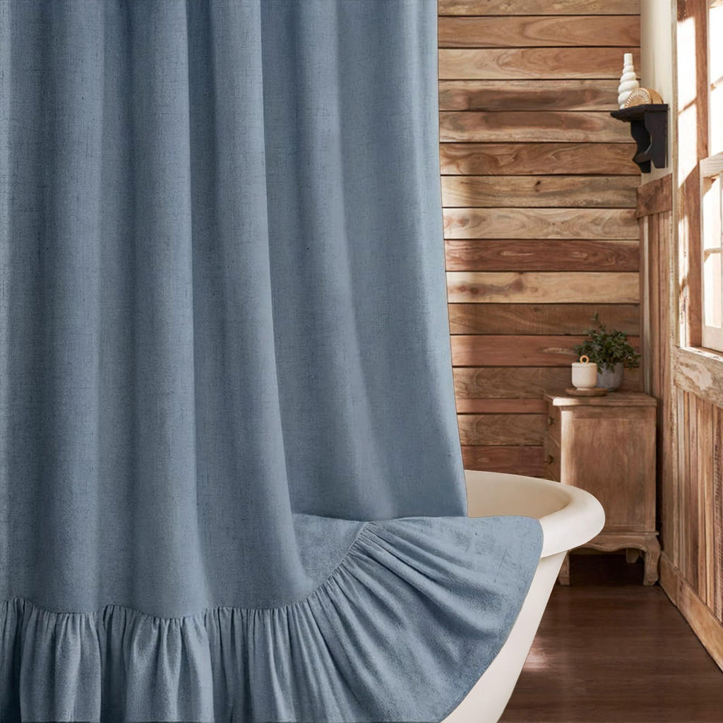 Farmhouse Shower Curtain Ruffle Linen Cream-Beige Stripe 72"W x 72"L