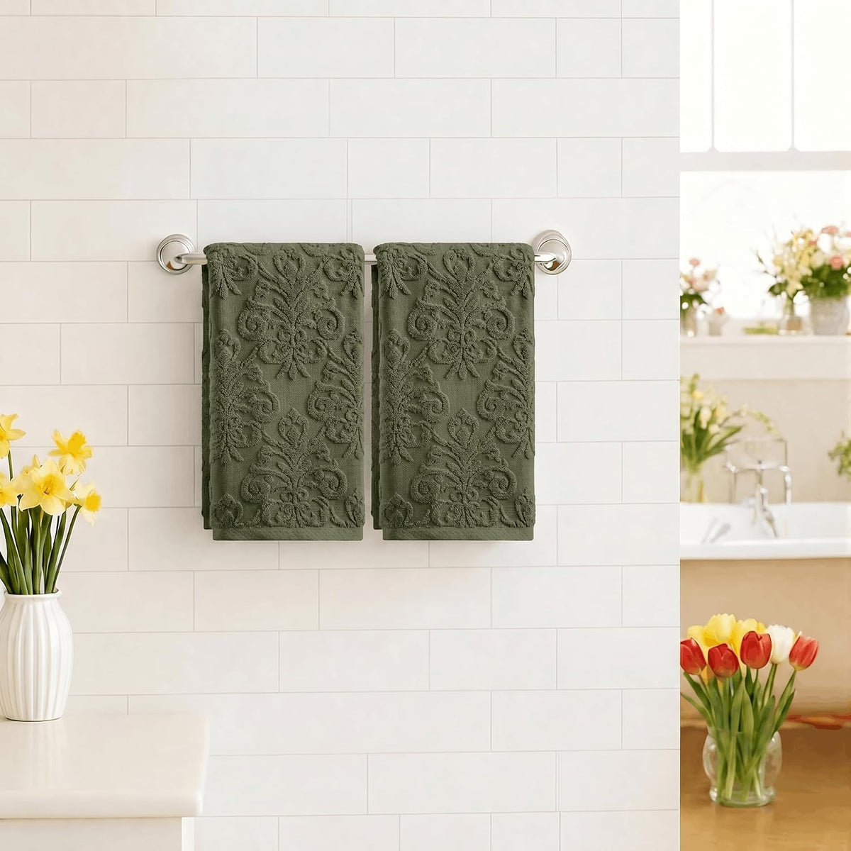 Artoid Mode 2 Pcs Olive Green 3D Vintage Floral Hand Towels for Bathroom, 100% Cotton Soft Absorbent Bathroom Decor Towels, 13.7 x 29.5 Inch