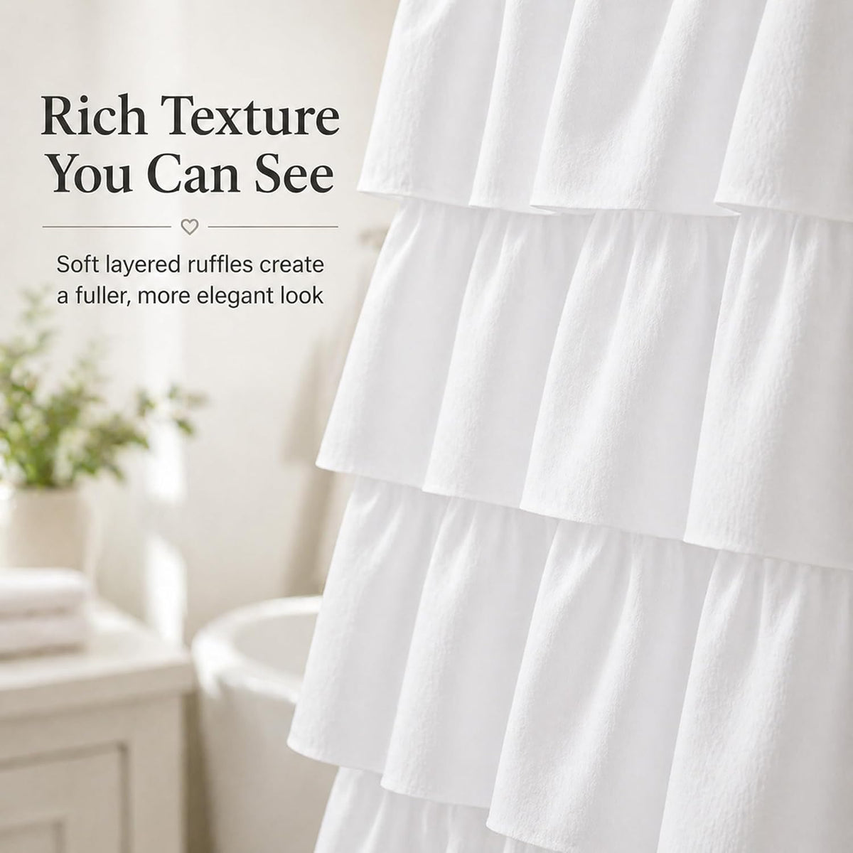 White Ruffle Shower Curtain for Bathroom,72 x 72 Inches, Farmhouse Style