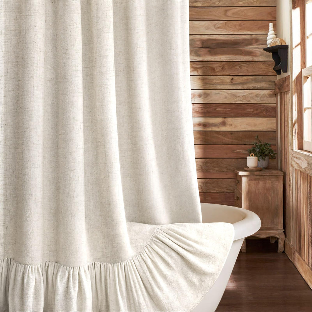 Farmhouse Shower Curtain Ruffle Linen Cream-Beige Stripe 72"W x 72"L