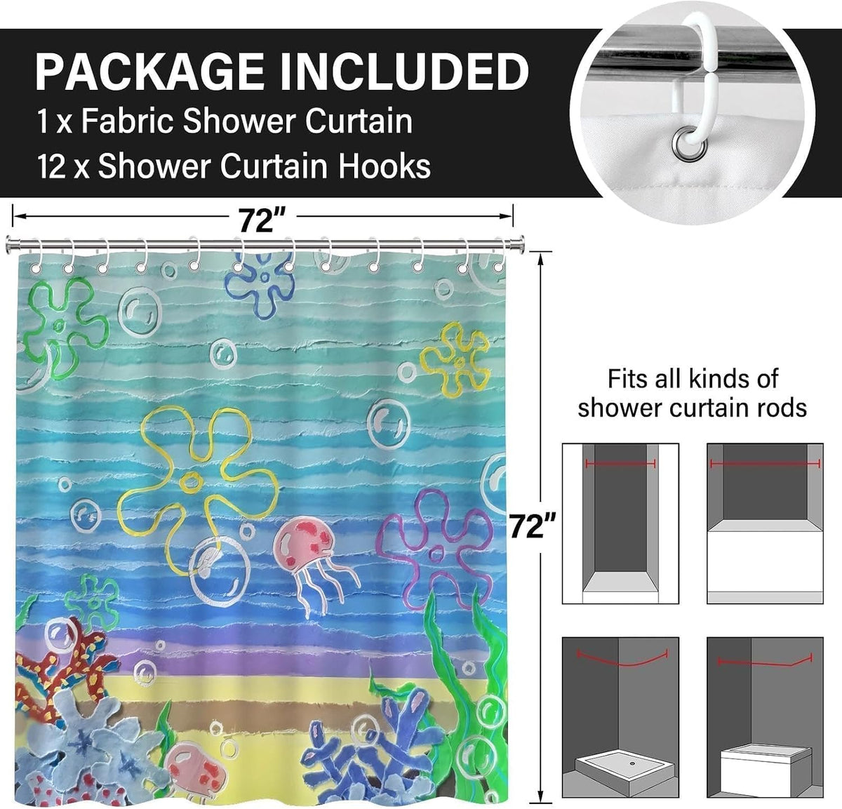 Cute Beach Ocean Anime Under Sea Jellyfish Shower Curtain 72x72 Inches