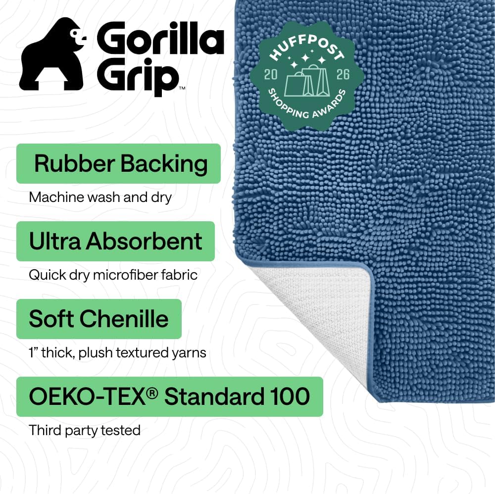 GORILLA GRIP Bath Rug Mat for Bathroom, Absorbent Chenille, 24x17 Blue
