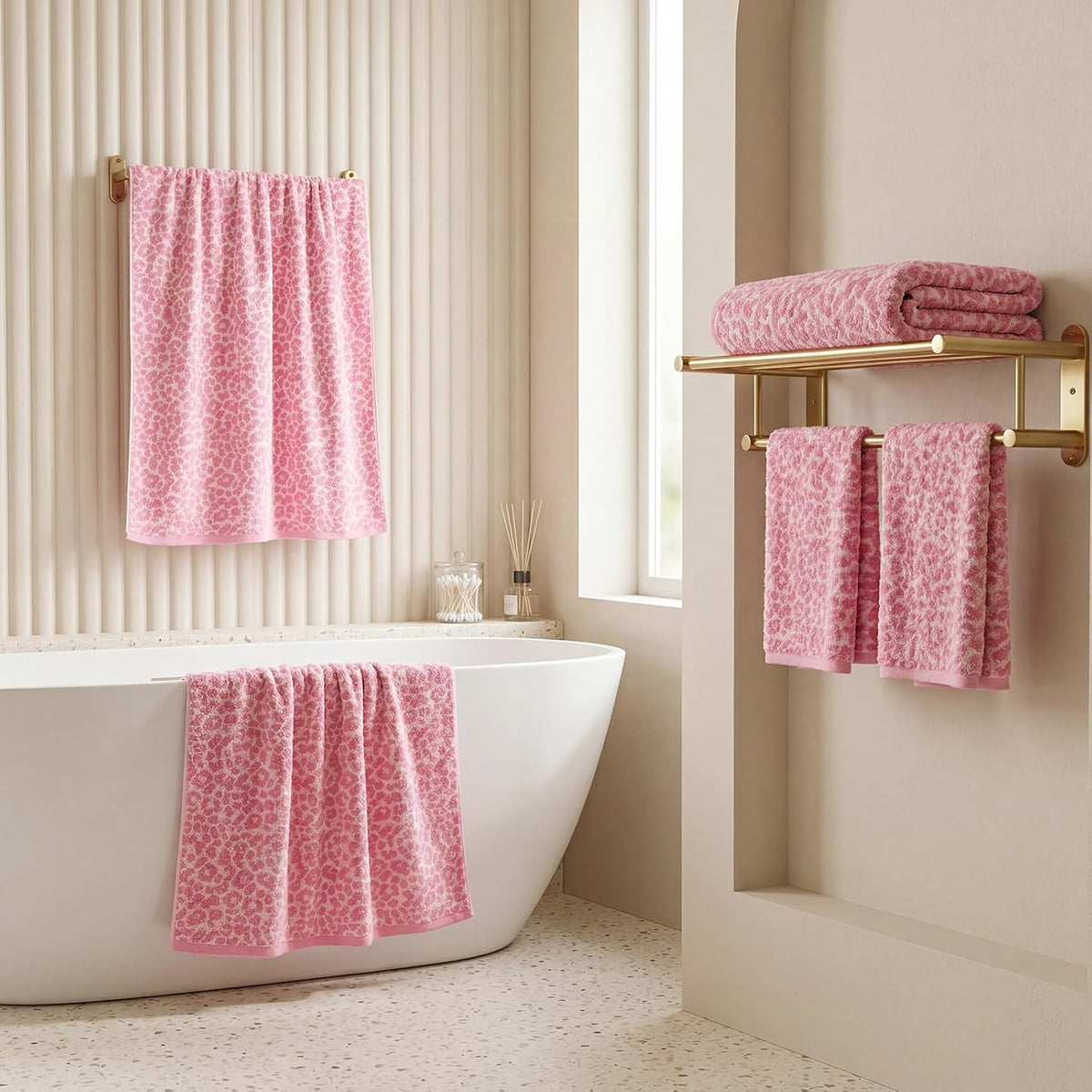 REDKISS Leopard Print Towel Set of 6,100% Cotton Bathroom Towels,Quick Dry & Absorbent,2 Bath Towel, 2 Hand Towel, 2 Washcloth-Pink