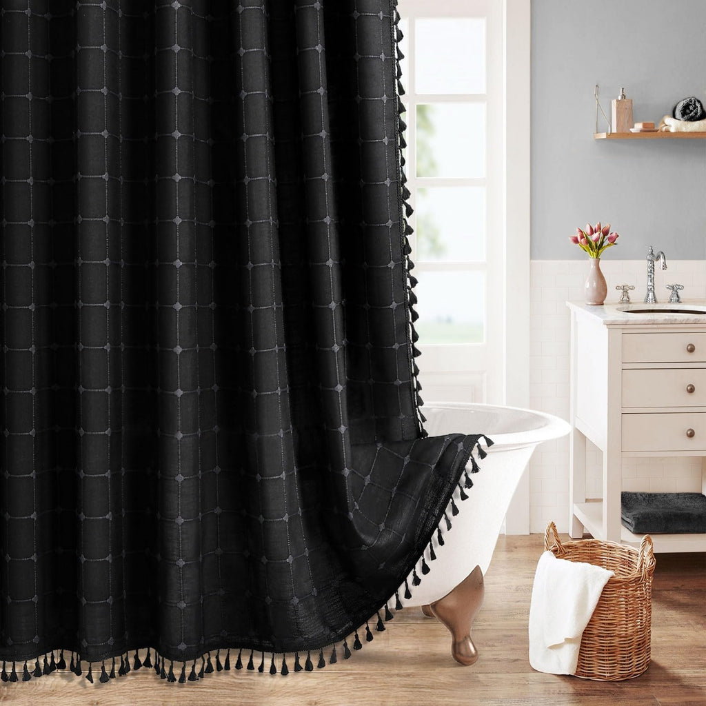 Boho Farmhouse Classic Plaid Linen Tassel Shower Curtain Blue,72x72