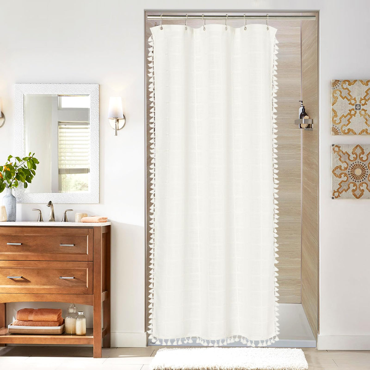 Boho Farmhouse Classic Plaid Linen Tassel Shower Curtain Blue,72x72