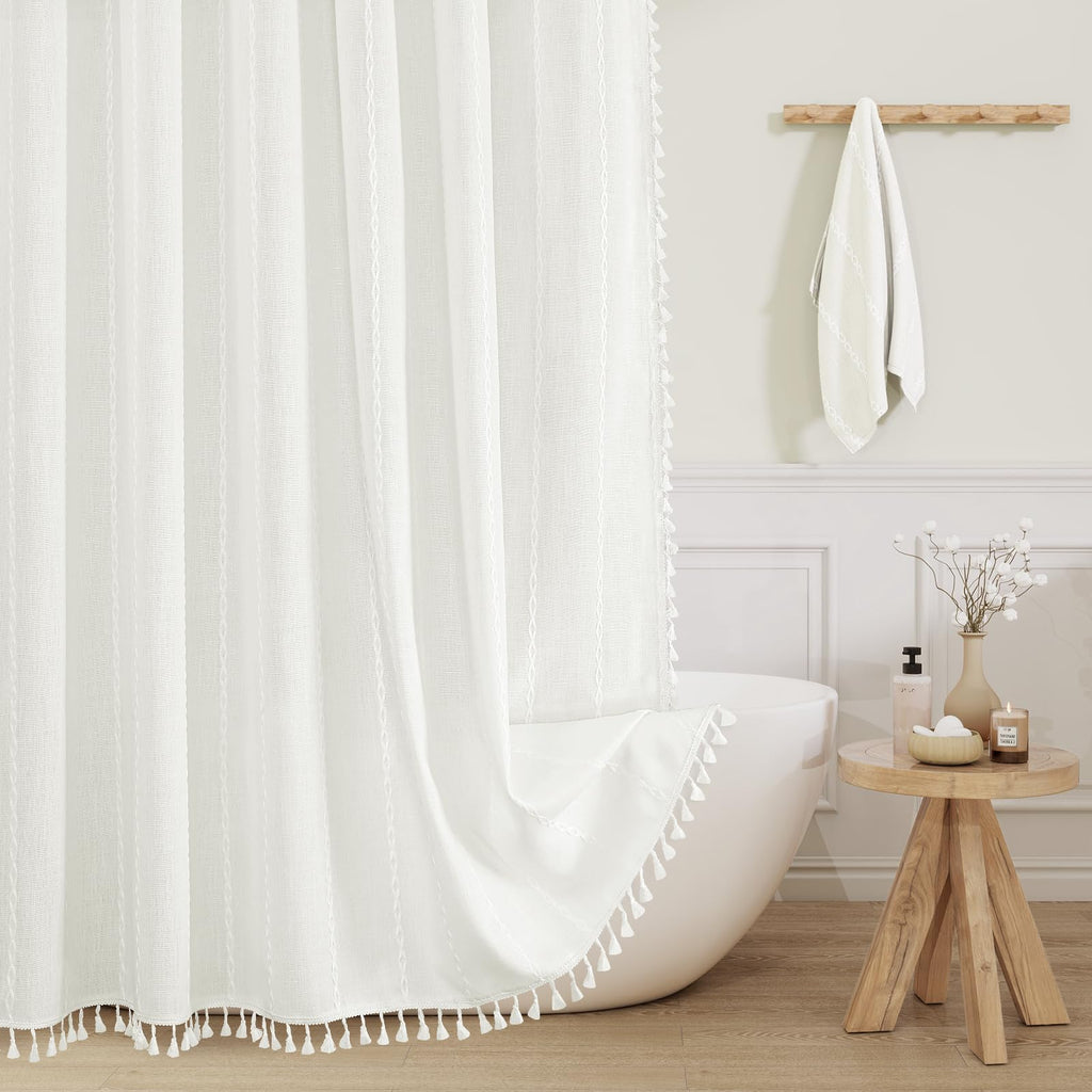 Boho Farmhouse Tassel Linen Shower Curtain,3D Embroidery Stripe Blue,72x72