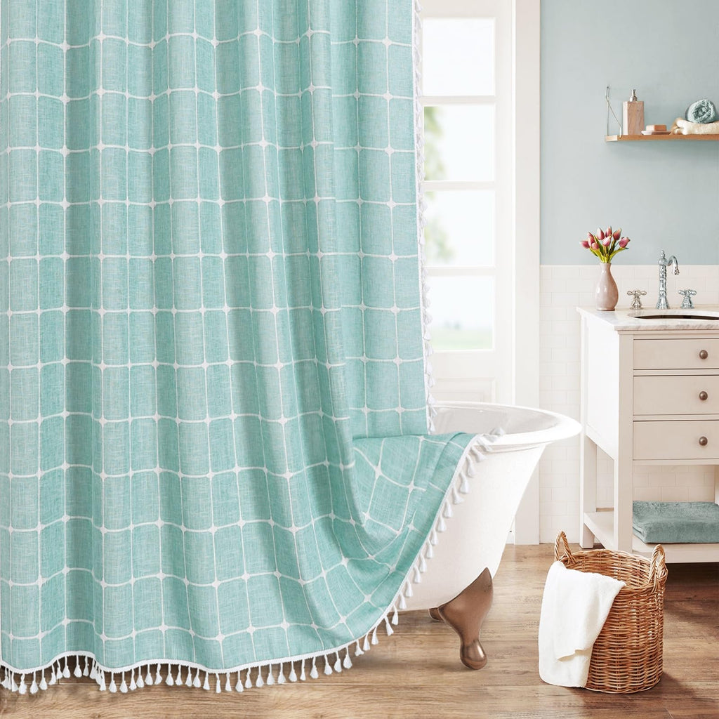 Boho Farmhouse Classic Plaid Linen Tassel Shower Curtain Blue,72x72