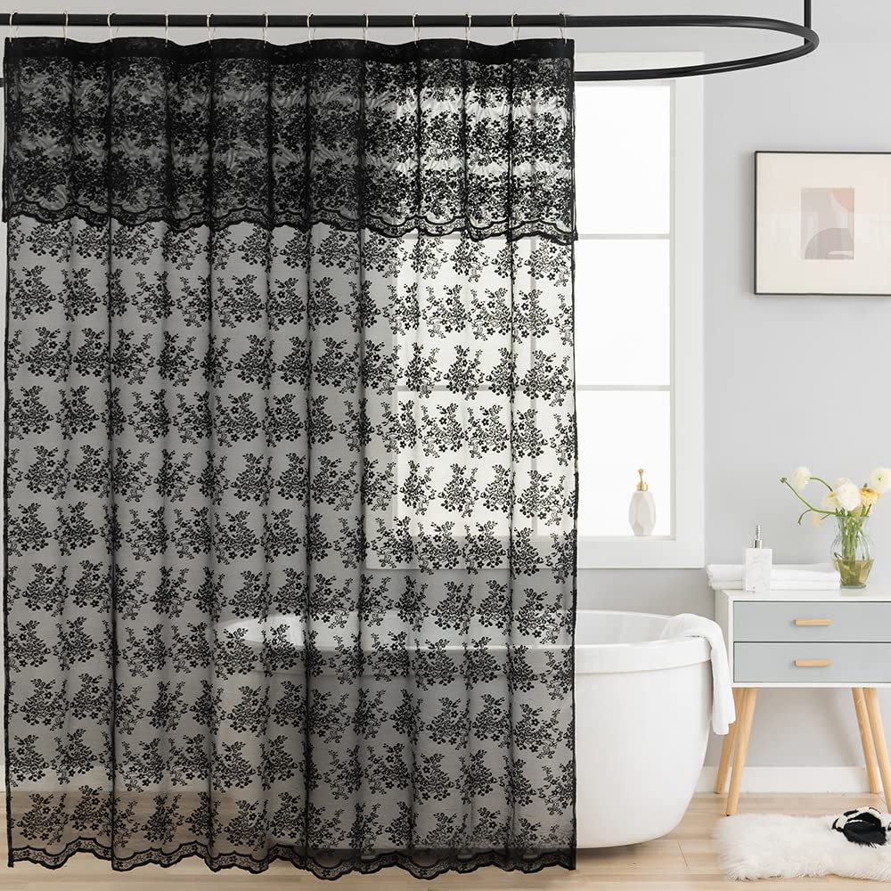 TUDECO White Lace Shower Curtain with Attached Valance 72 x 72 Inch