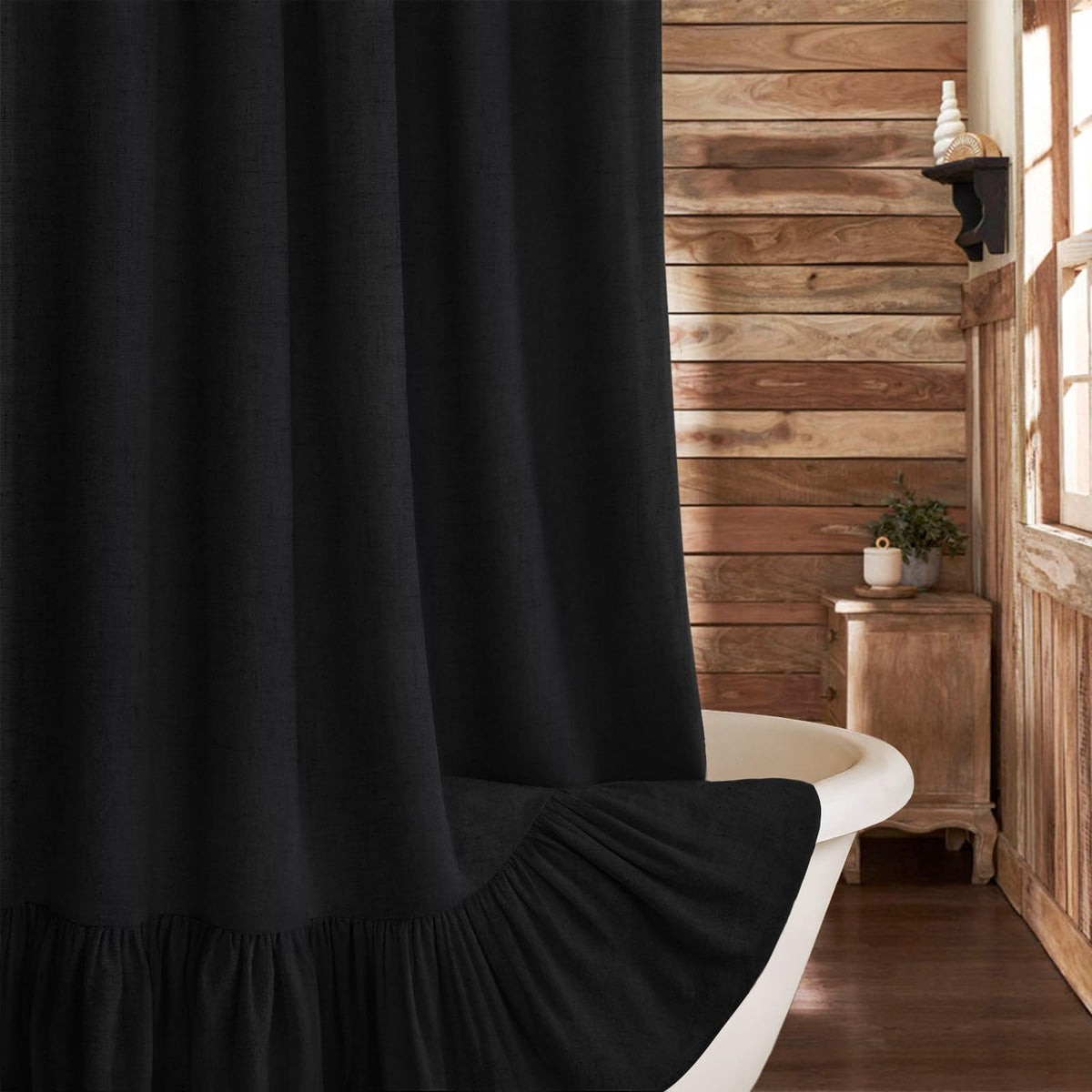 Farmhouse Shower Curtain Ruffle Linen Cream-Brown Stripe 72"W x 72"L