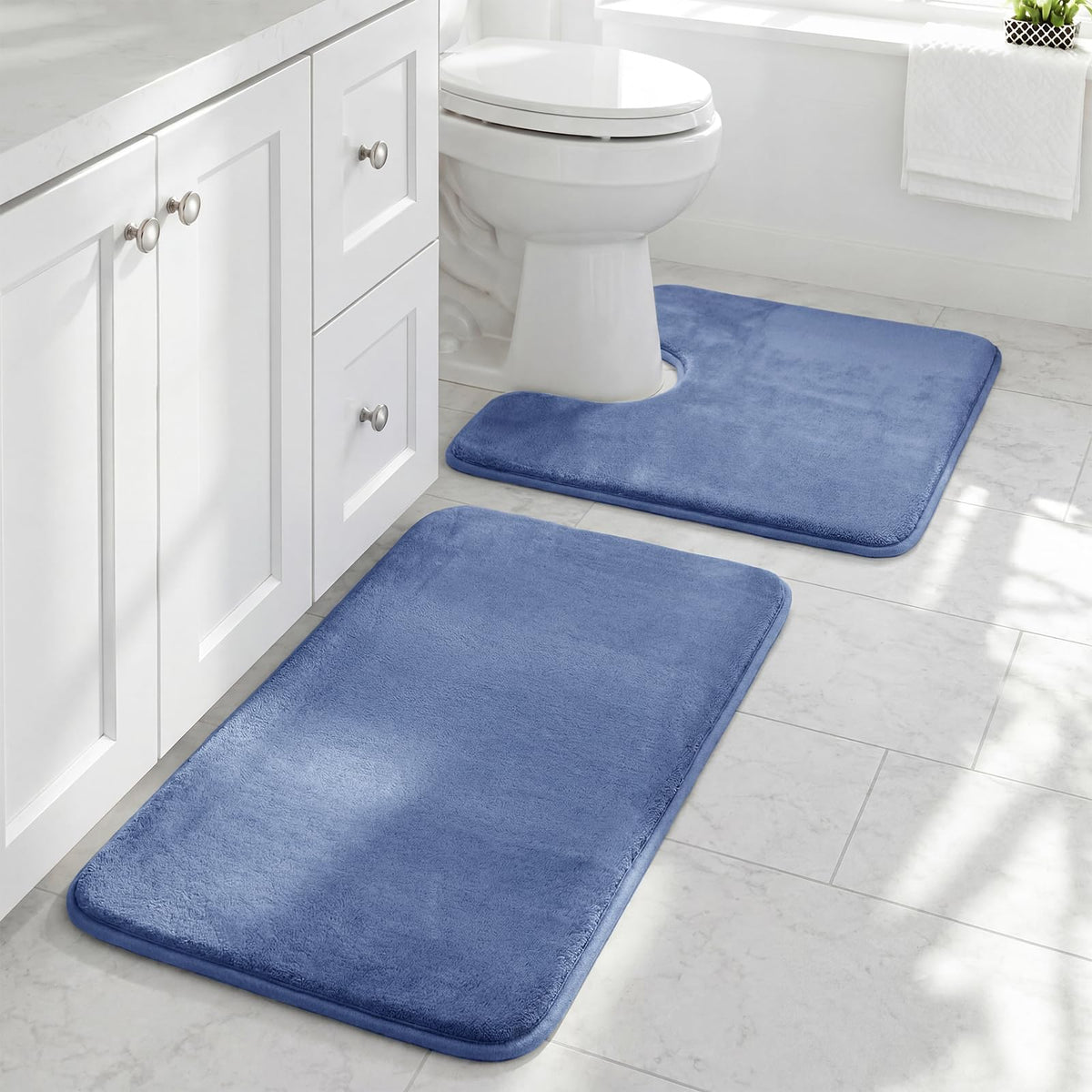 HUXMEYSON Bathroom Rugs Sets 2 Piece, Non-Slip & Quick Dry Bath Mat Set, Ultra Soft Velvet Bath Rugs for Bathroom, Toilet and Shower Floor, Navy