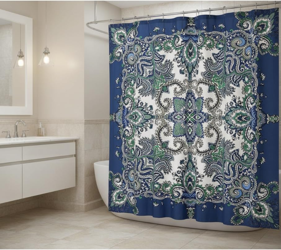 Blue Fabric Shower Curtain Modern Geometrical Blue Gray for Bathroom 72x72
