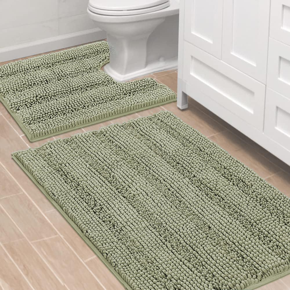 H.VERSAILTEX Sage Bathroom Rugs, Bath Mat Set of 2 Extra Thick Chenille Striped Pattern Shaggy Bath Rugs for Bath Room, Non Skid Bath Mats for Bathroom Floor (32 x 20 Plus 24 x 17 - Inches)