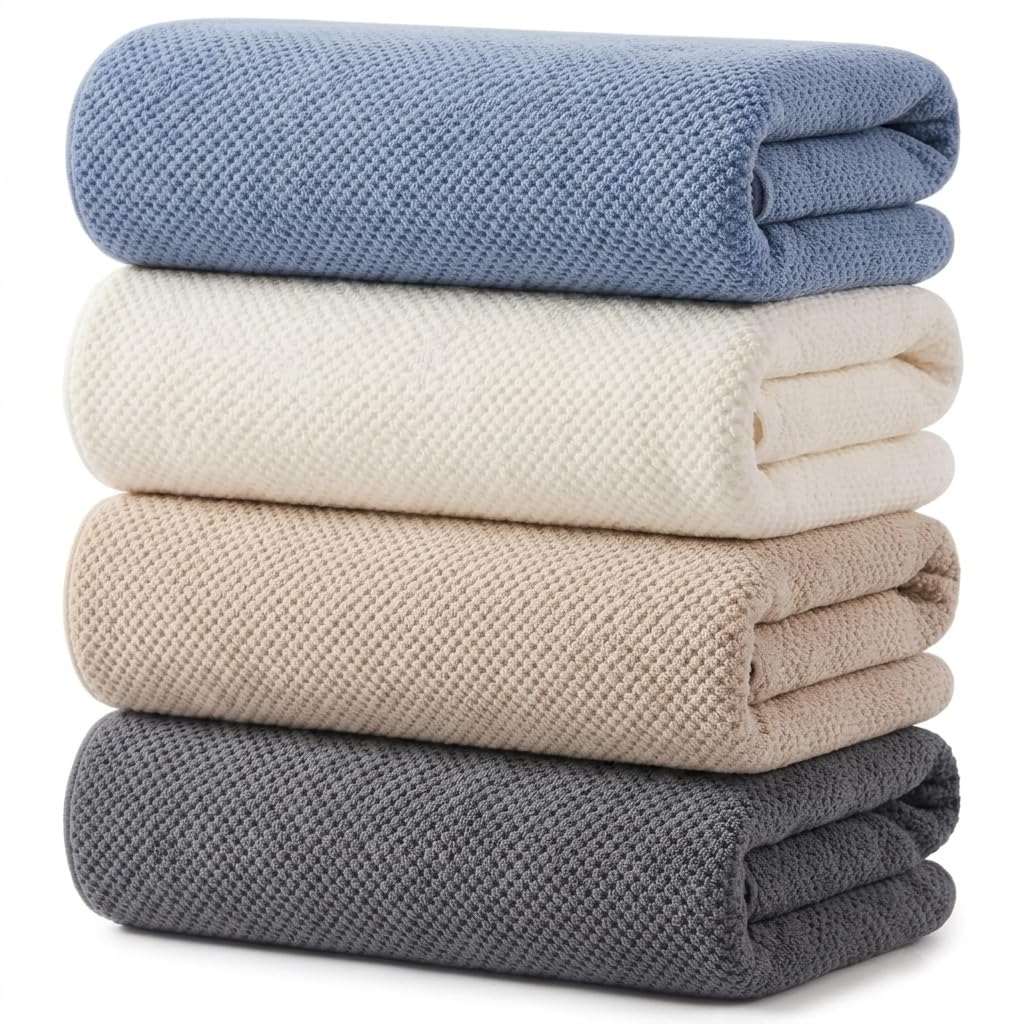 4 Pack Microfiber Bath Towels Set,Soft and Super Absorbent Bath Towel, Quick Dry Large Towels for Bathroom, Spa,Swinming Pool Party,Gym 54 x 27 in Multicolor（Blue、Pink、Off White、Grey）