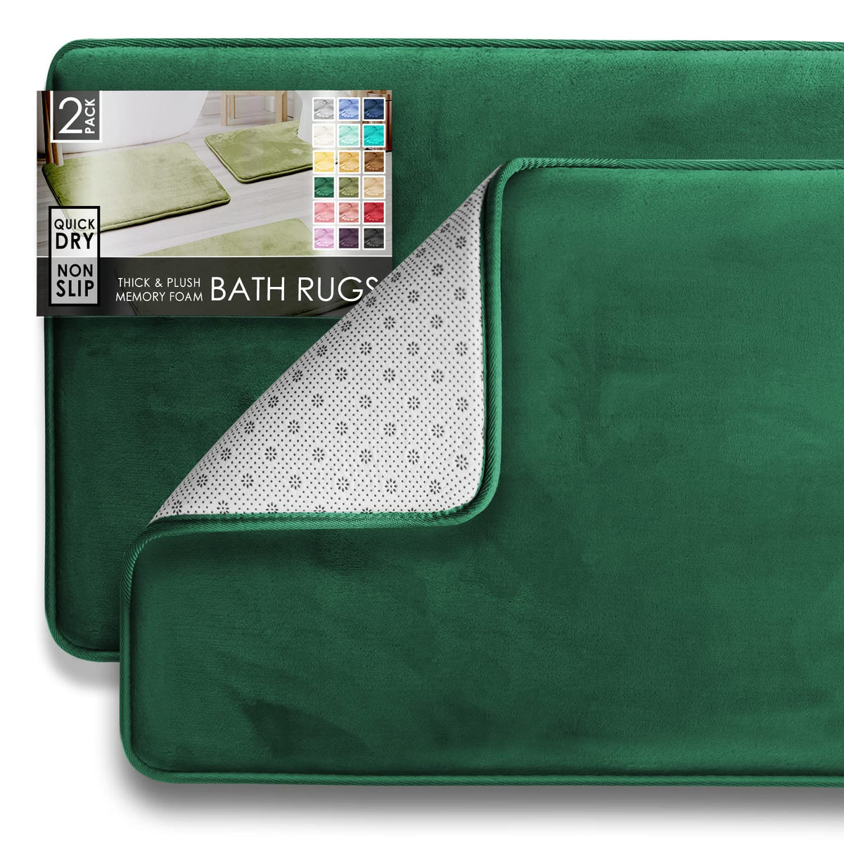 Clara Clark 3 Piece Bathroom Rugs Bath Mat Set, Velvet Memory Foam Bath Mats for Bathroom - Non-Slip, PVC Backing Bath Rugs, Washable - Dries Quickly, Green