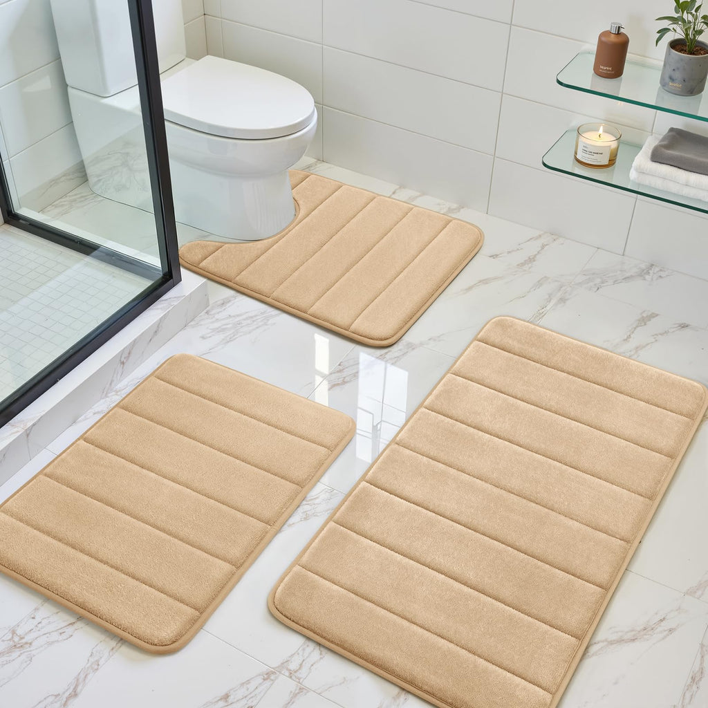 BYSURE Black Memory Foam Bathroom Rug Set 3 Piece 17"x24"+20"x32"+U Shape 20"x24"