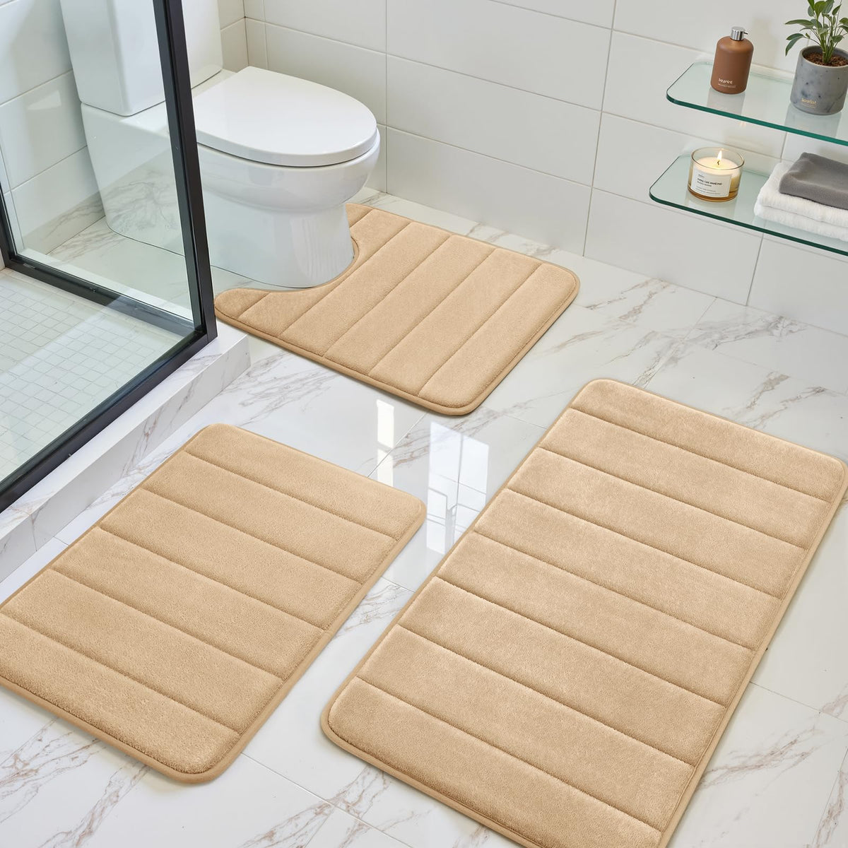 BYSURE Black Memory Foam Bathroom Rug Set 3 Piece 17"x24"+20"x32"+U Shape 20"x24"