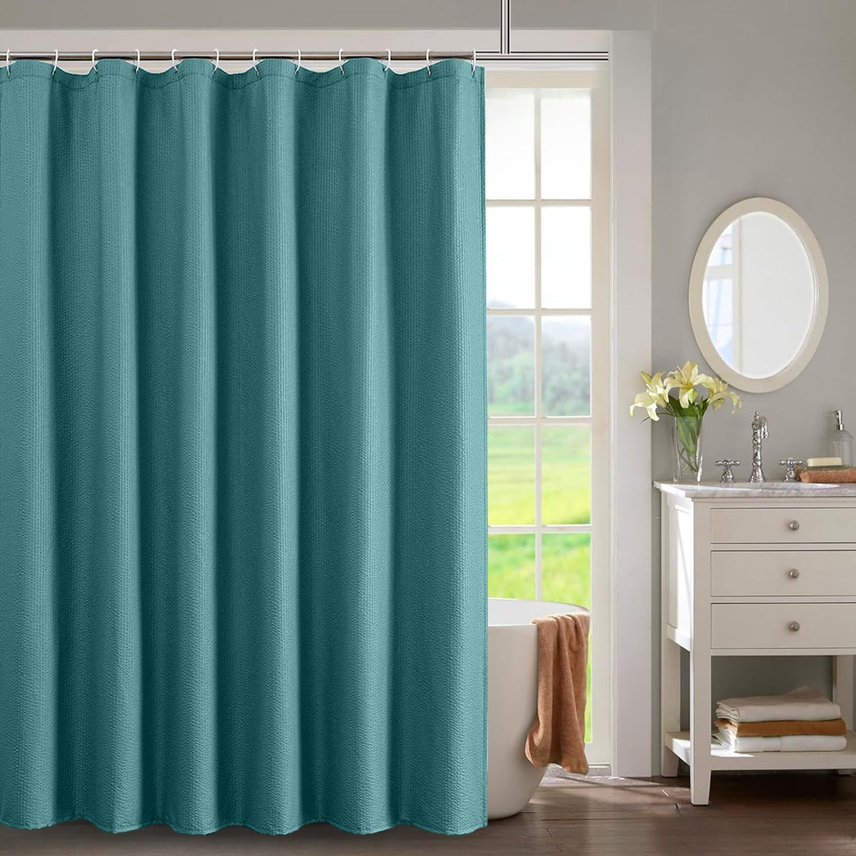 OWENIE White Shower Curtain for Bathroom 84 Inches Extra Long, Elegant 3D Embossed Textured Cloth Waffle Shower Curtain, Modern Luxury Hotel Style, Water Repellent, Machine Washable, 72X84, White