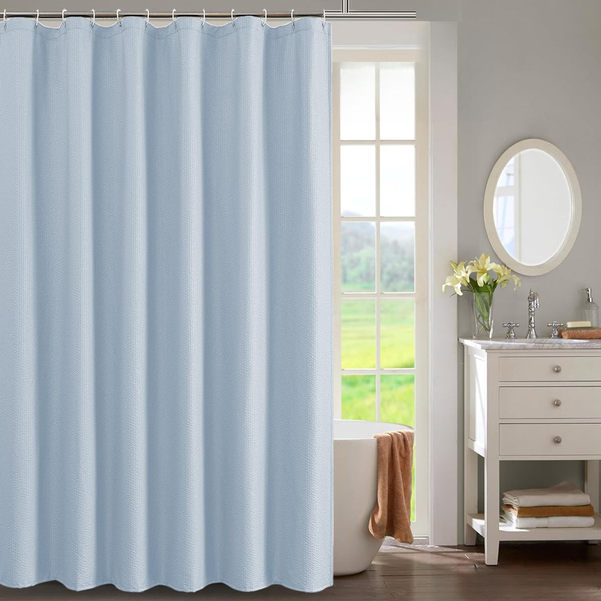 OWENIE White Shower Curtain for Bathroom 84 Inches Extra Long, Elegant 3D Embossed Textured Cloth Waffle Shower Curtain, Modern Luxury Hotel Style, Water Repellent, Machine Washable, 72X84, White