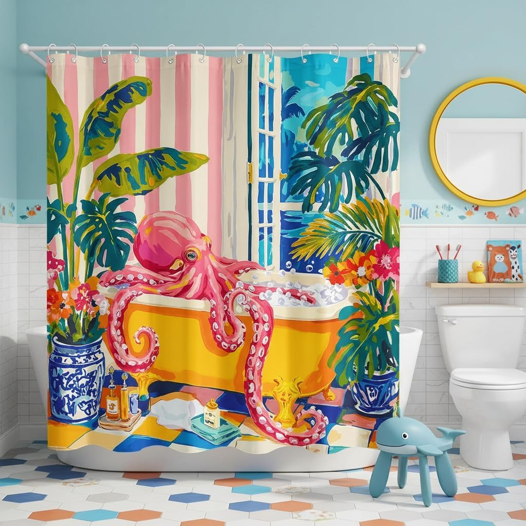 Accnicc Funny Octopus Shower Curtain Cute Boho Coastal Matisse Shower Curtains for Bathroom Green Tropical Plants Pink Decorative Unique Waterproof Fabric Bath Curtain Decor 72 X 72 Inches