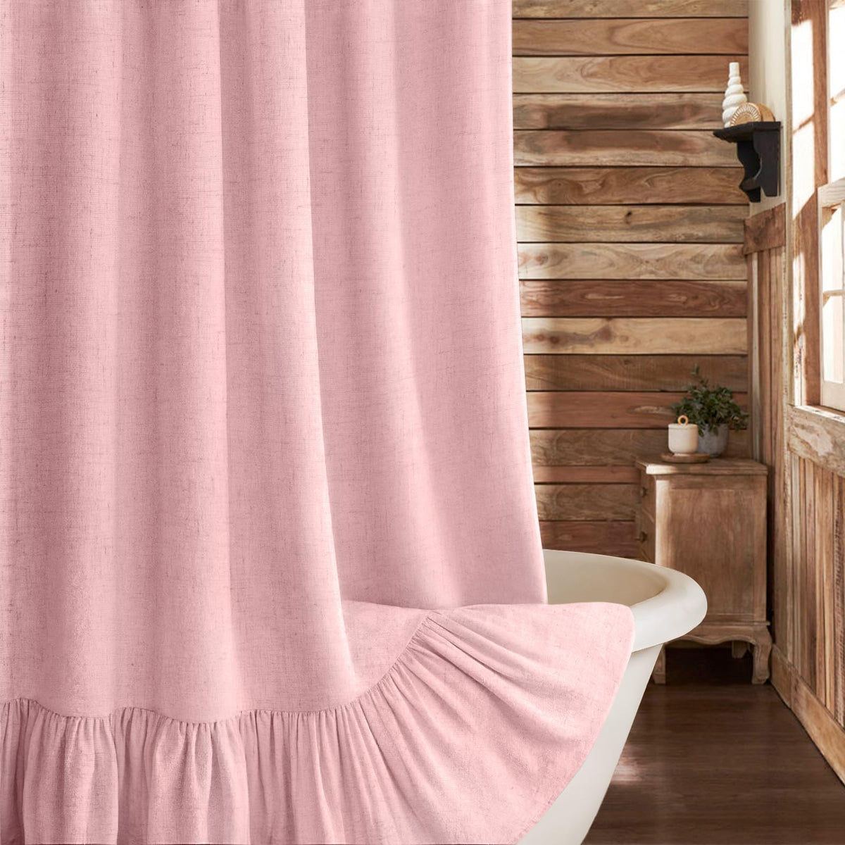 Farmhouse Shower Curtain Ruffle Linen Cream-Beige Stripe 72"W x 72"L