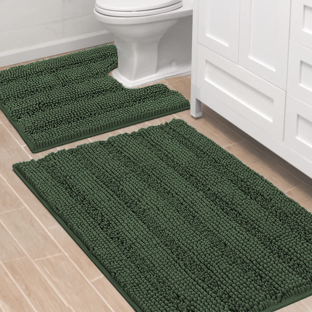 H.VERSAILTEX Sage Bathroom Rugs, Bath Mat Set of 2 Extra Thick Chenille Striped Pattern Shaggy Bath Rugs for Bath Room, Non Skid Bath Mats for Bathroom Floor (32 x 20 Plus 24 x 17 - Inches)