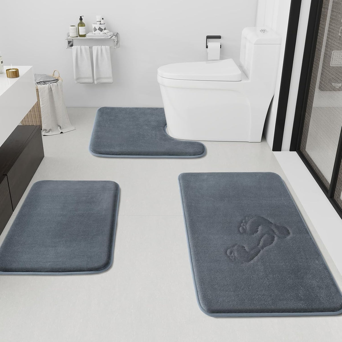 HUXMEYSON Bathroom Rugs Sets 3 Piece, Non-Slip & Quick Dry Bath Mat Set, Ultra Soft Velvet Bath Rugs for Bathroom, Toilet and Shower Floor, Grey