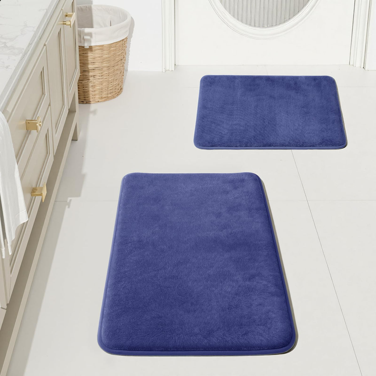 HUXMEYSON Bathroom Rugs Sets 2 Piece, Non-Slip & Quick Dry Bath Mat Set, Ultra Soft Velvet Bath Rugs for Bathroom, Toilet and Shower Floor, Navy