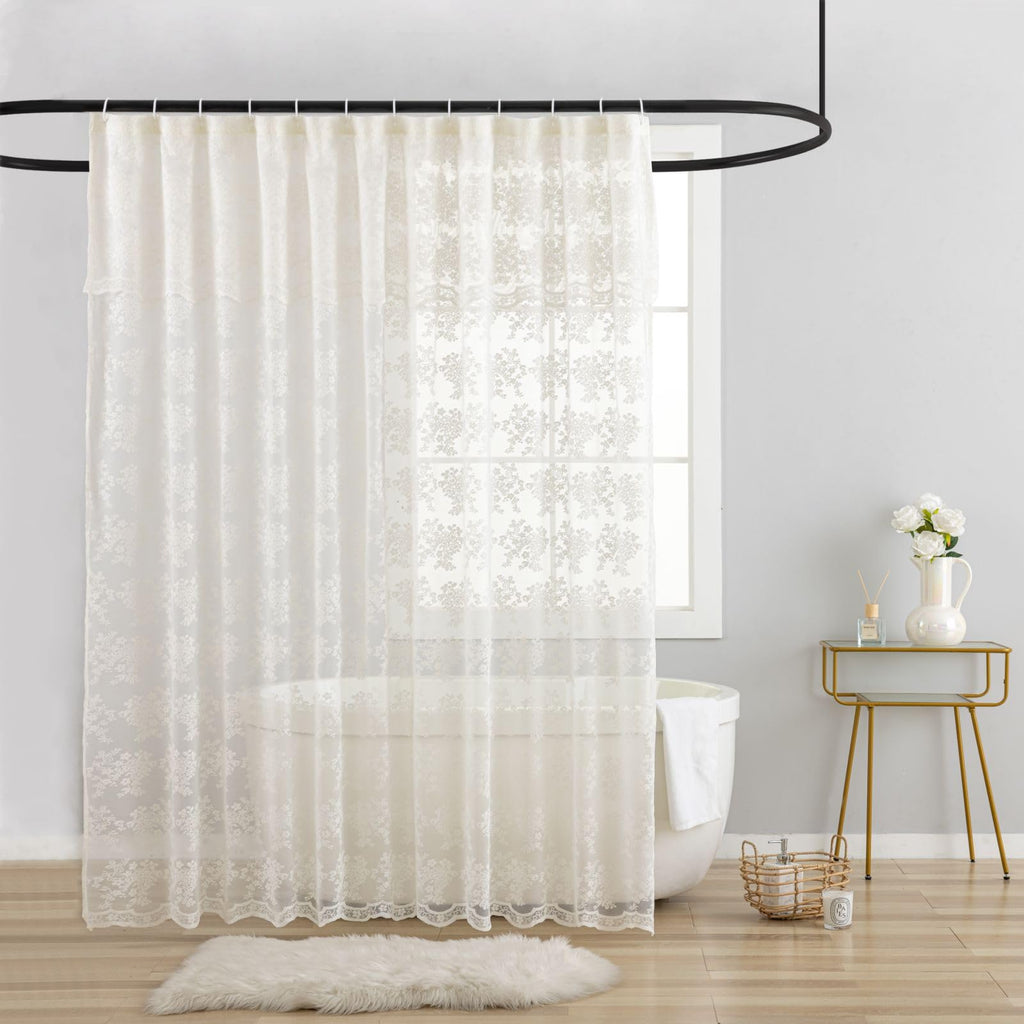 TUDECO White Lace Shower Curtain with Attached Valance 72 x 72 Inch