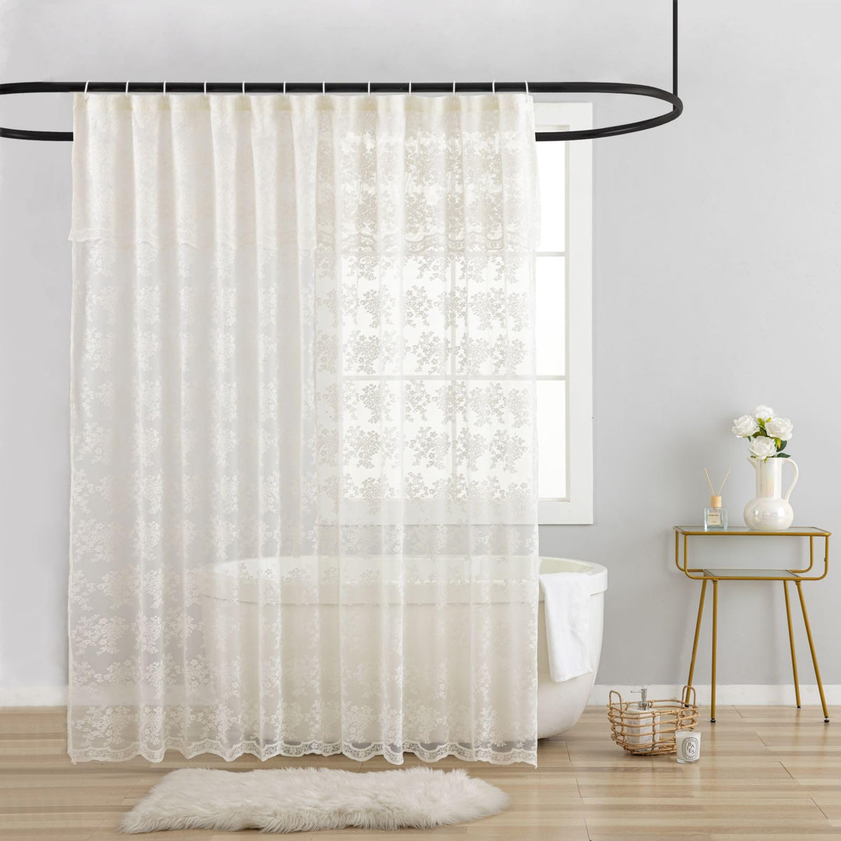 TUDECO White Lace Shower Curtain with Attached Valance 72 x 72 Inch