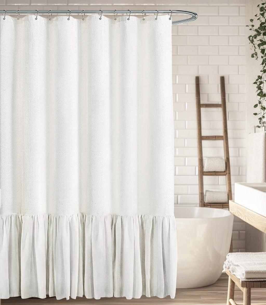Farmhouse Shower Curtain Ruffle Linen Cream-Beige Stripe 72"W x 72"L