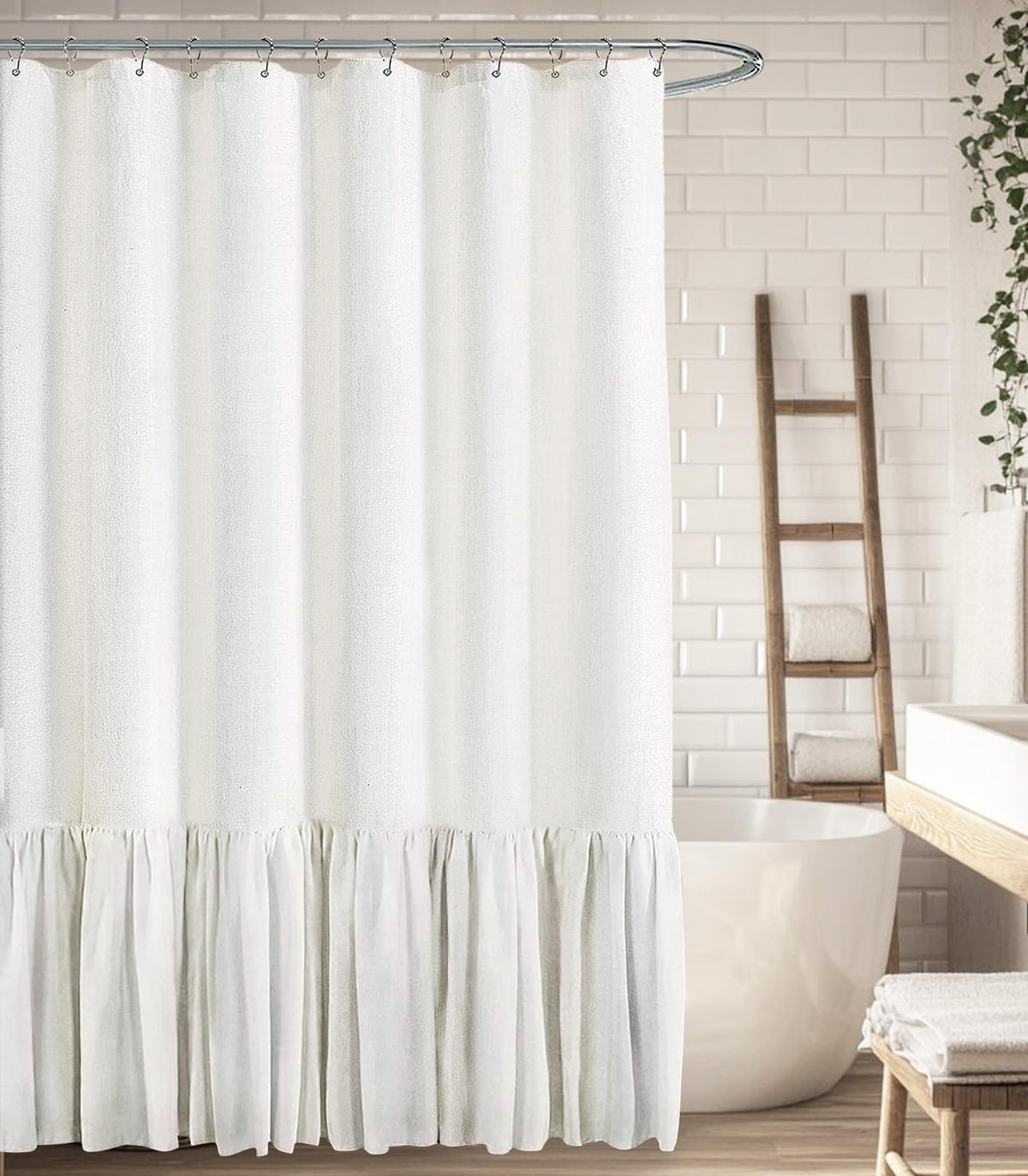 Farmhouse Shower Curtain Ruffle Linen Cream-Brown Stripe 72"W x 72"L