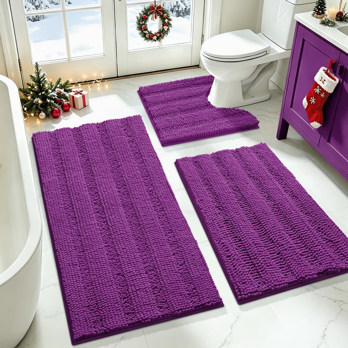 ACCUMTEK Striped Navy Blue Bathroom Rug Set 3 Pieces Ultra Soft, Non Slip Chenille Toilet Mat, Absorbent Plush Shaggy Bath Mats for Bathroom, Bedroom, Kitchen