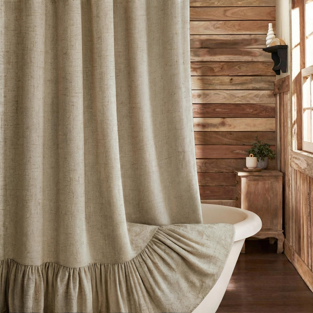 Farmhouse Shower Curtain Ruffle Linen Cream-Beige Stripe 72"W x 72"L