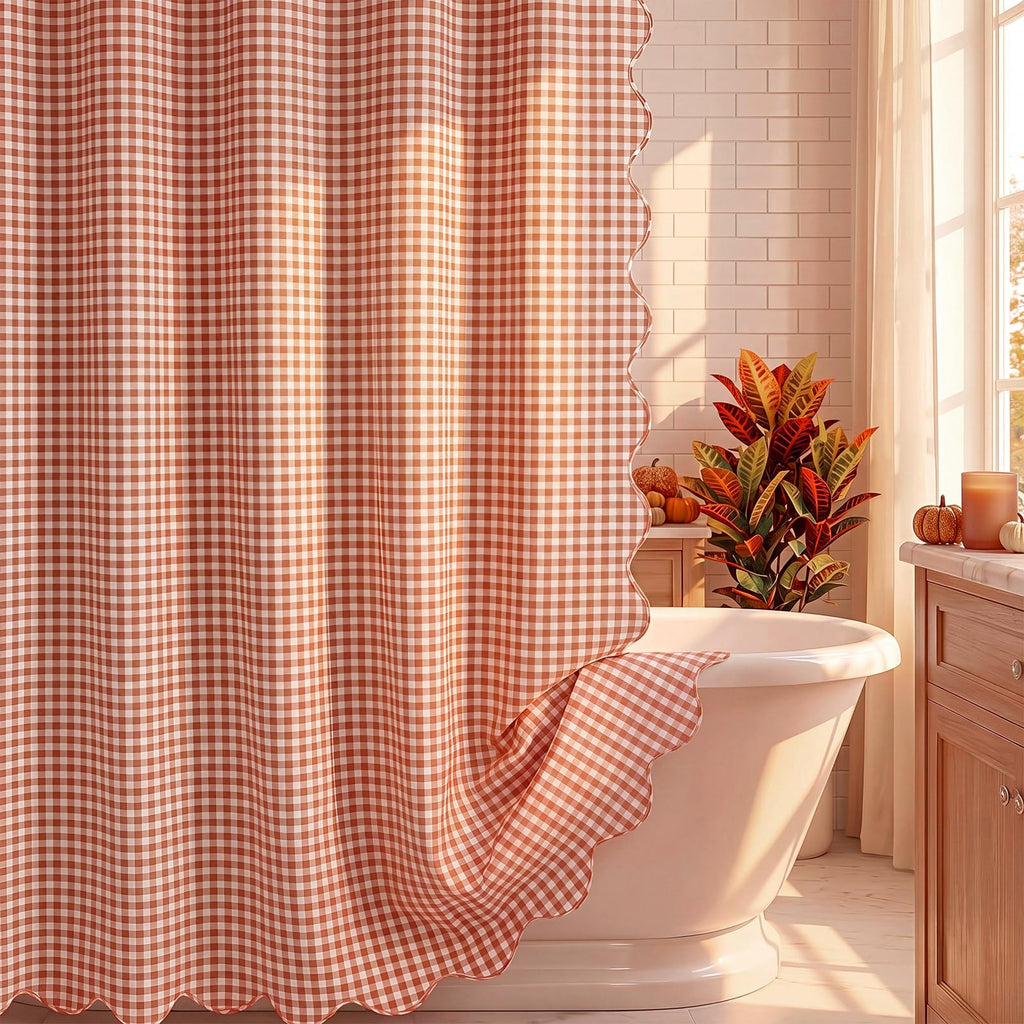 HunnmingRe Ruffled Gingham Shower Curtain Red