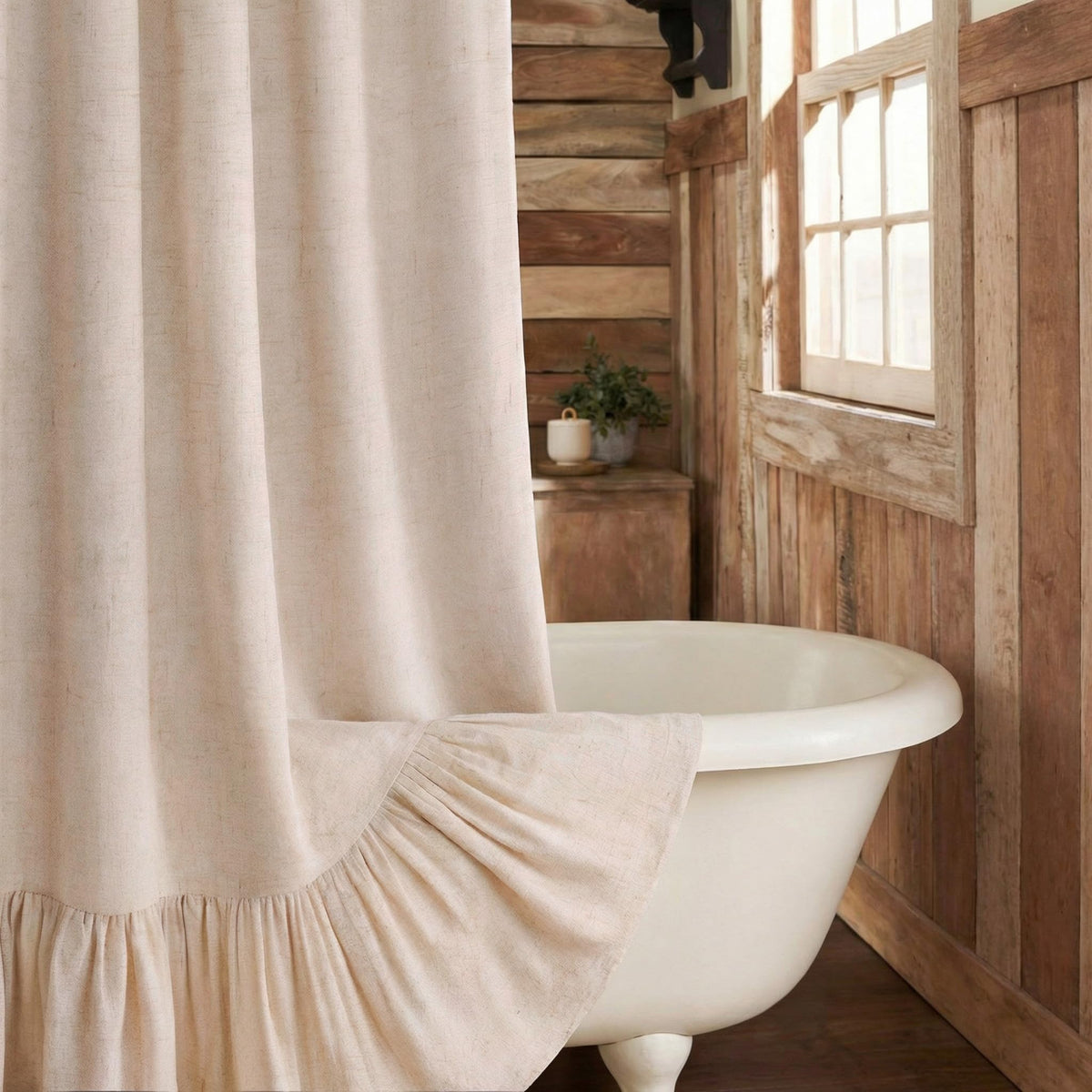 Farmhouse Shower Curtain Ruffle Linen Cream-Brown Stripe 72"W x 72"L