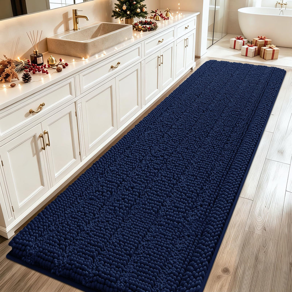 ACCUMTEK Striped Navy Blue Bathroom Rug Set 3 Pieces Ultra Soft, Non Slip Chenille Toilet Mat, Absorbent Plush Shaggy Bath Mats for Bathroom, Bedroom, Kitchen