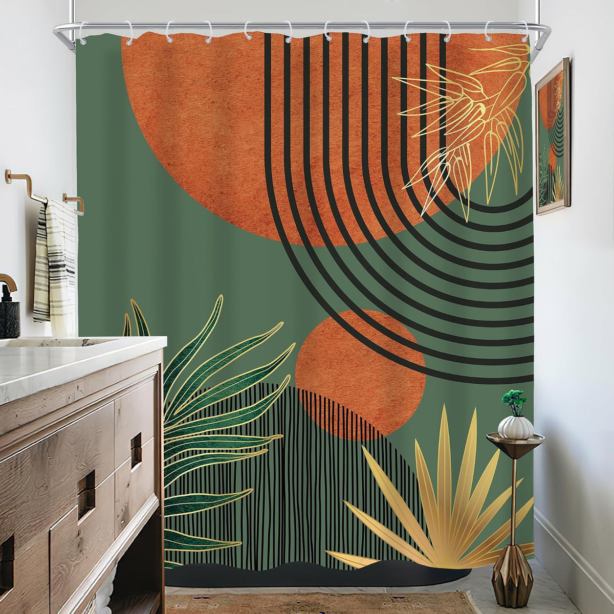 Mid Century Green Orange Boho Abstract Modern Bathroom Shower Curtain Set