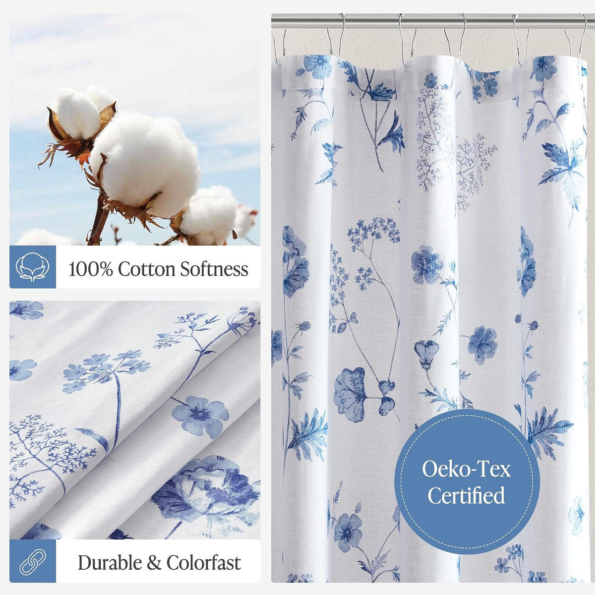 Martha Stewart 100% Cotton Floral Shower Curtain, 72 x 72, Blue