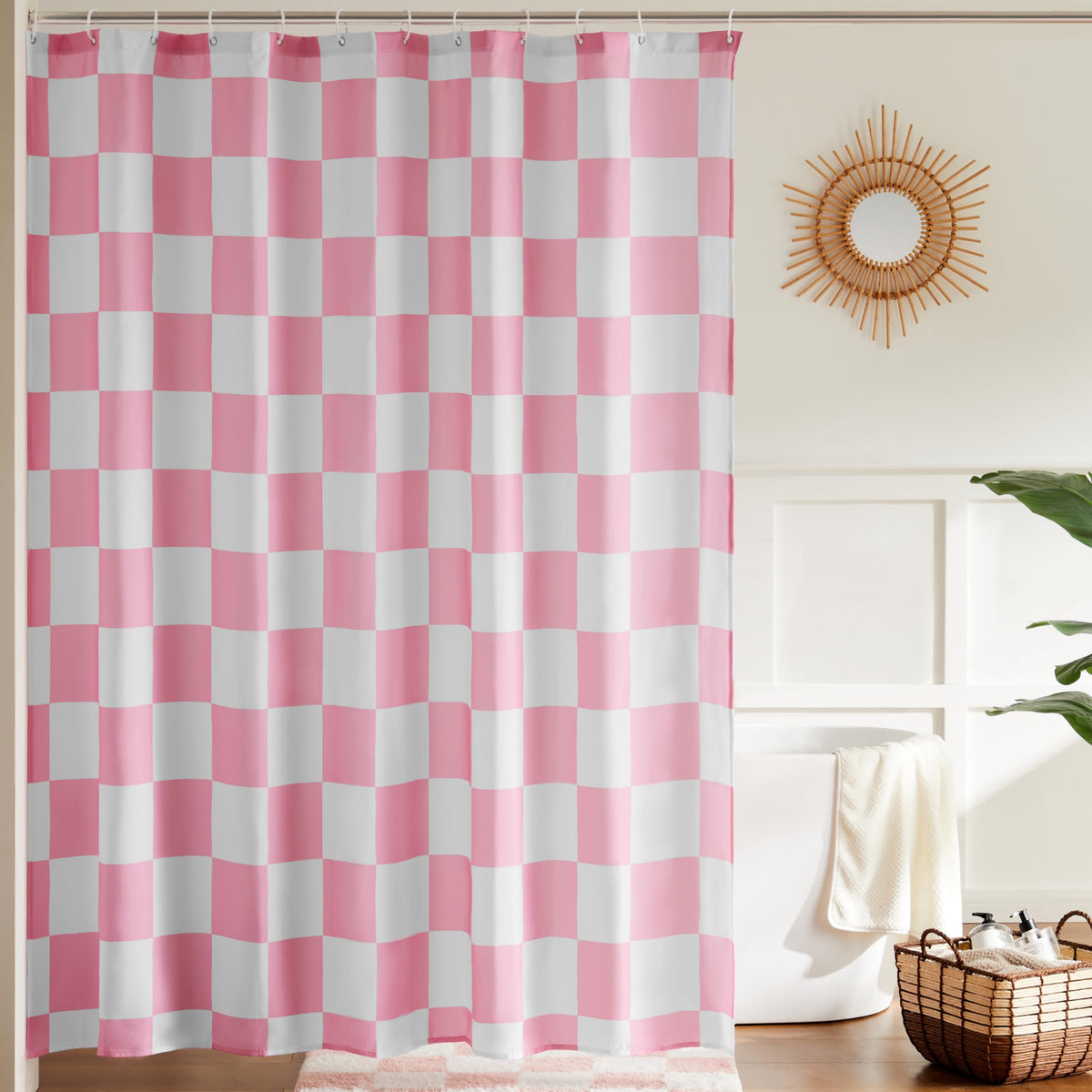 Ohocut Checkered Shower Curtain, Double Pink Plaid Shower Curtains for Bathroom, Cute Retro Checkboard Shower Curtain Vintage Aesthetic, Washable Fabric Bath Curtain 72''x72''