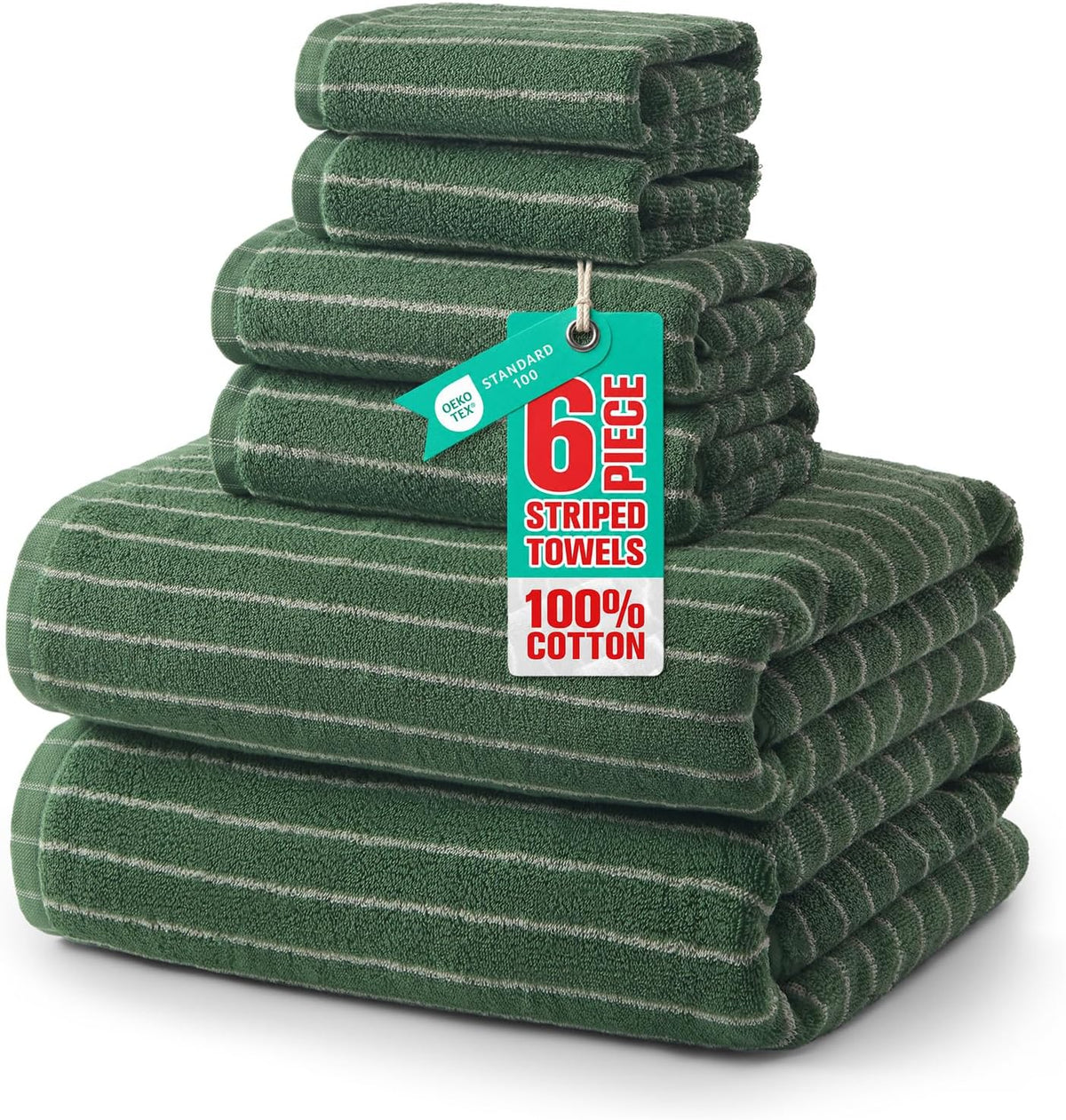 ecolook Premium Bath Towel Set of 6 Pieces – 100% Cotton, Super Absorbent & Quick Dry, Striped Towels for Bathroom, Spa & Swim – 2 Bath, 2 Hand, 2 Washcloths, Olive Green