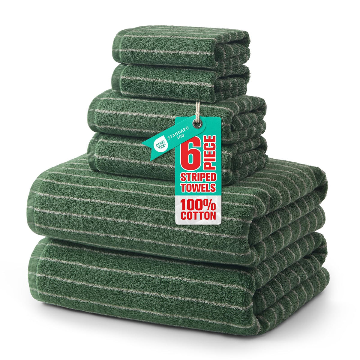 ecolook Premium Bath Towel Set of 6 Pieces – 100% Cotton, Super Absorbent & Quick Dry, Striped Towels for Bathroom, Spa & Swim – 2 Bath, 2 Hand, 2 Washcloths, Olive Green