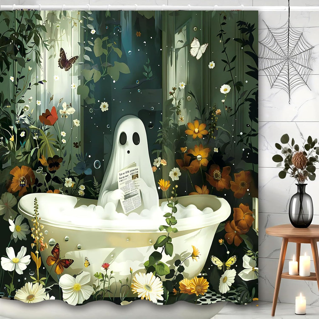 Halloween Shower Curtain Spooky Bathroom Cute Funny Shower Curtains Ghost Shower Curtain 72x72 Inch Waterproof Polyester Insulated Home Decor Set Halloween Bathroom Decor