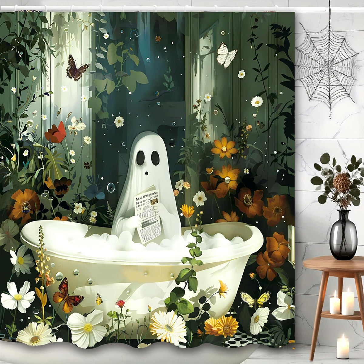 Halloween Shower Curtain Spooky Bathroom Cute Funny Shower Curtains Ghost Shower Curtain 72x72 Inch Waterproof Polyester Insulated Home Decor Set Halloween Bathroom Decor