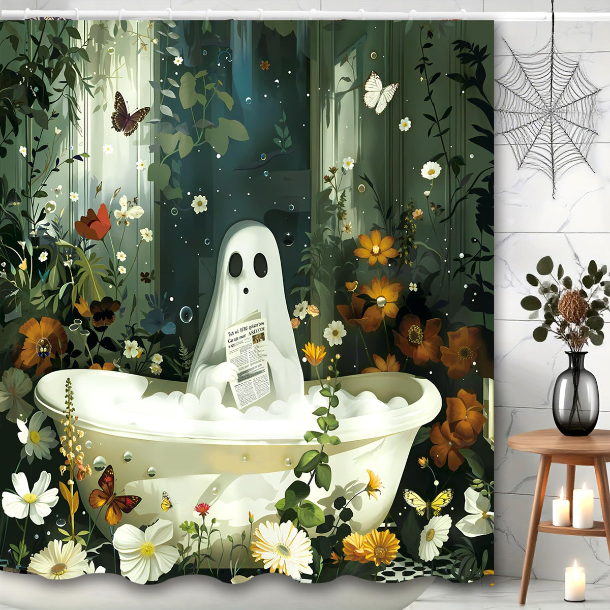 Halloween Shower Curtain Spooky Bathroom Cute Funny Shower Curtains Ghost Shower Curtain 72x72 Inch Waterproof Polyester Insulated Home Decor Set Halloween Bathroom Decor
