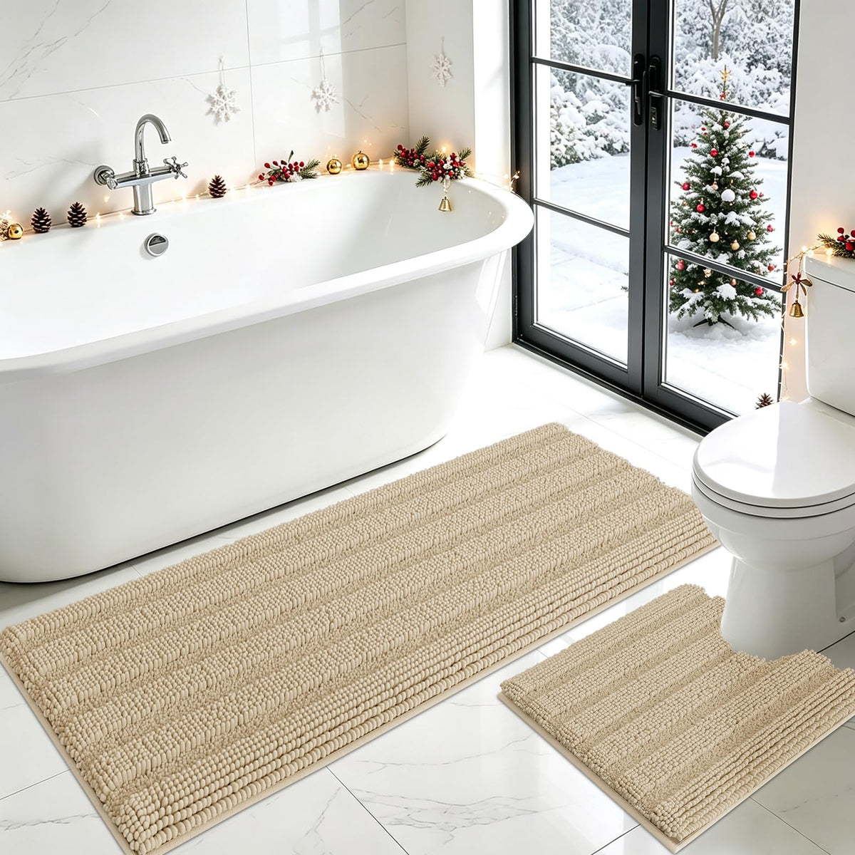 ACCUMTEK Striped Navy Blue Bathroom Rug Set 3 Pieces Ultra Soft, Non Slip Chenille Toilet Mat, Absorbent Plush Shaggy Bath Mats for Bathroom, Bedroom, Kitchen