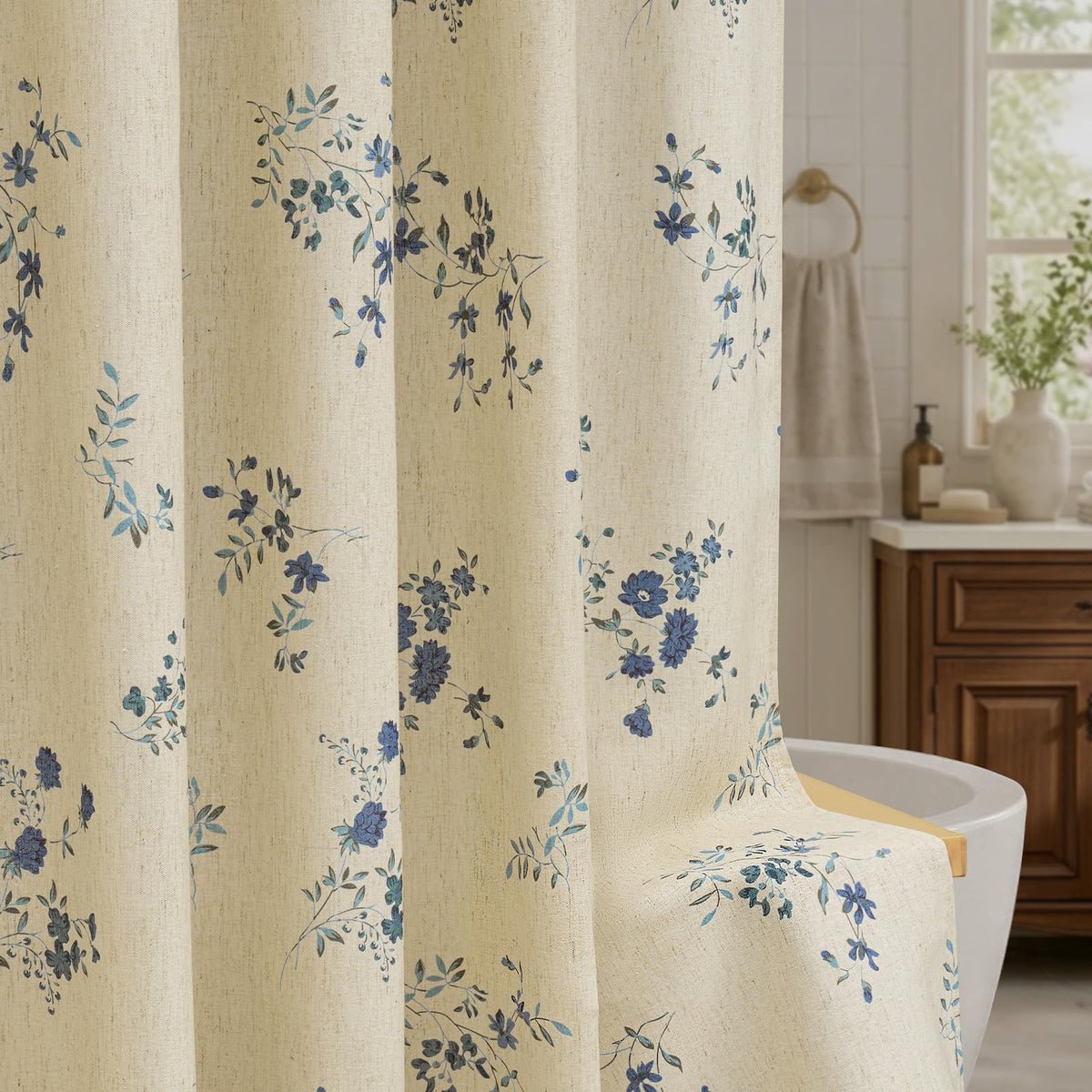 Botanical Floral Linen Blend Shower Curtain 72x72, Organic Modern Farmhouse Bathroom Decor, 210GSM Fabric (Green/Oatmeal)