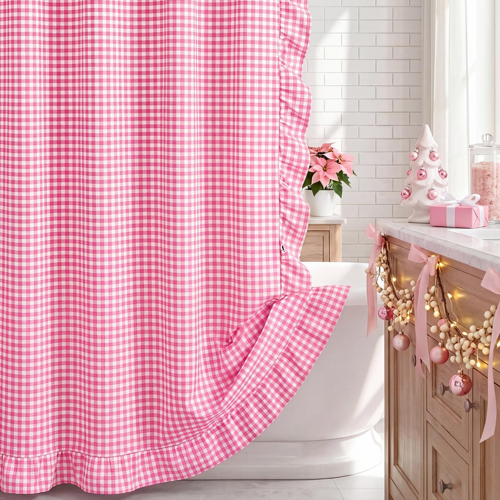HunnmingRe Ruffled Gingham Shower Curtain Red