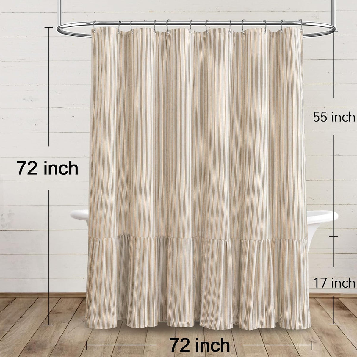 Farmhouse Shower Curtain Ruffle Linen Cream-Beige Stripe 72"W x 72"L