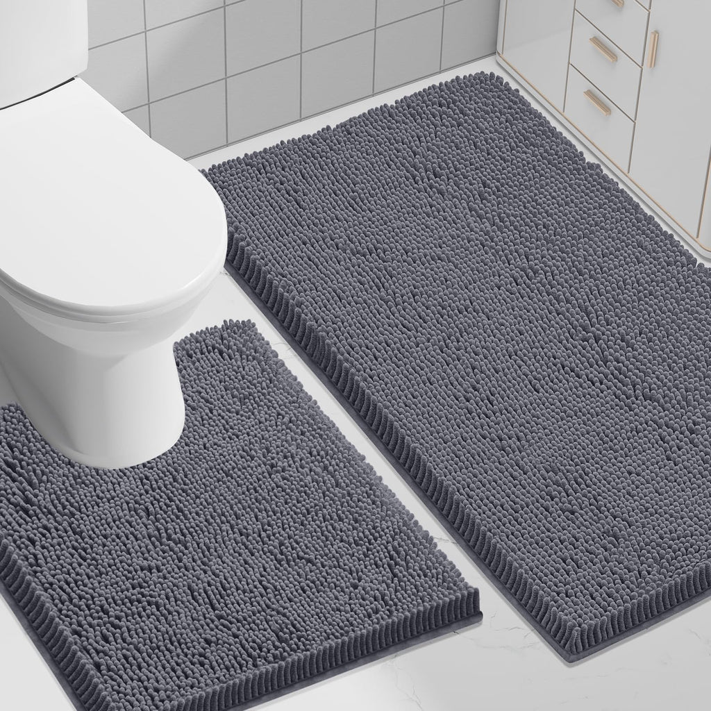 Smiry Chenille Bathroom Rugs Sets 2 Piece (30x20+24x16, Black)